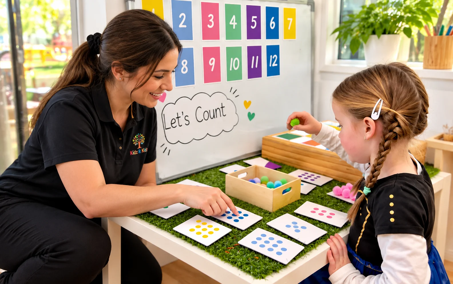 A Kidz R Kidz educator and child exploring counting activities together