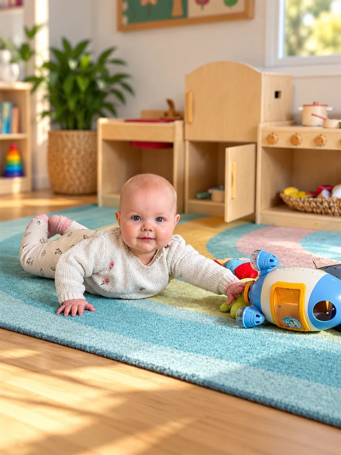 A baby exploring toys on a nursery play mat