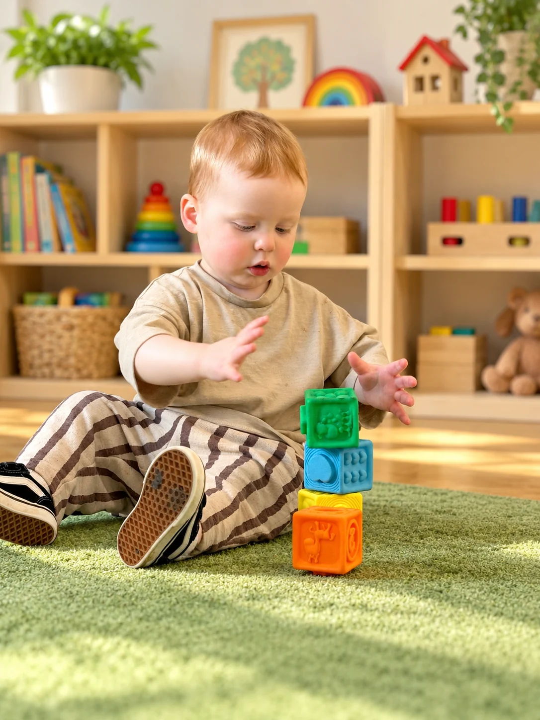 A toddler exploring colourful stacking blocks